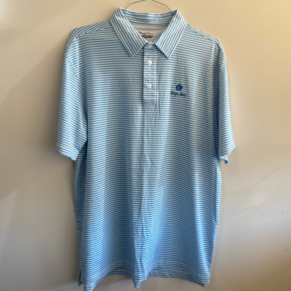 Straight Down x Poipu Bay SS Polo, Mens Golf Shirt, White and Blue Striped, XL